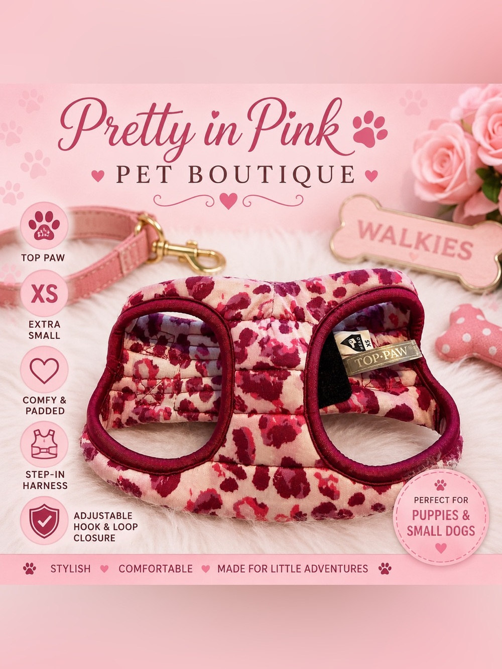 Top Paw XS Pink Leopard Print Padded Dog Harness Vest Step-In Puppy Harness